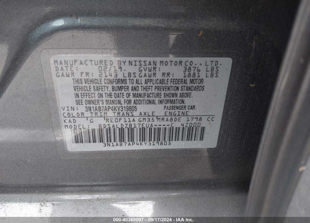 2019 NISSAN SENTRA SV VIN: 3N1AB7AP4KY319805