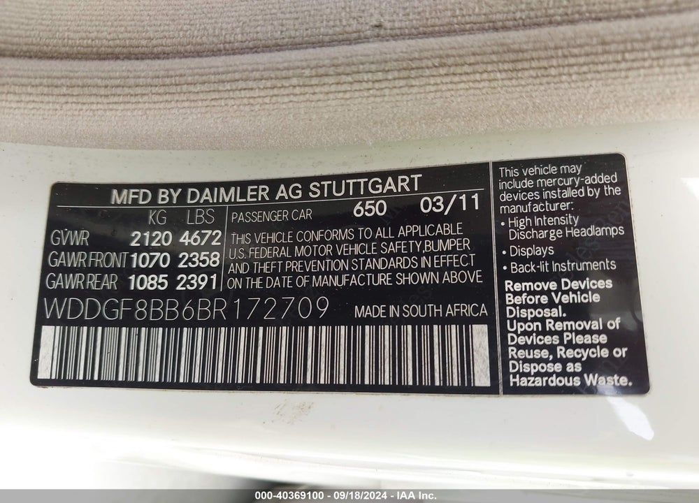 2011 MERCEDES-BENZ C 300 LUXURY 4MATIC/SPORT 4MATIC VIN: WDDGF8BB6BR172709