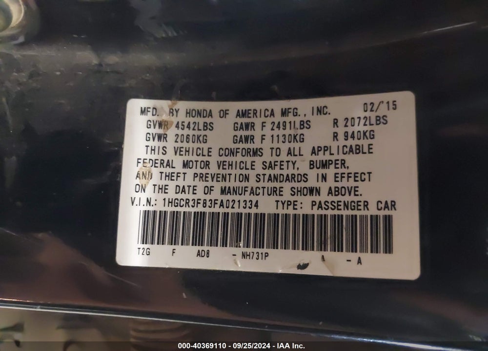 2015 HONDA ACCORD VIN: 1HGCR3F83FA021334