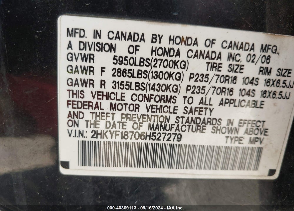 2006 HONDA PILOT EX-L VIN: 2HKYF18706H527279