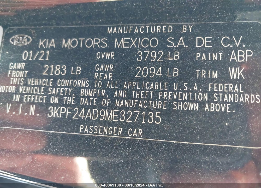 2021 KIA FORTE LXS VIN: 3KPF24AD9ME327135