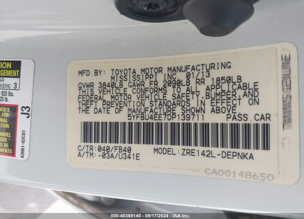 2013 TOYOTA COROLLA LE VIN: 5YFBU4EE7DP139711