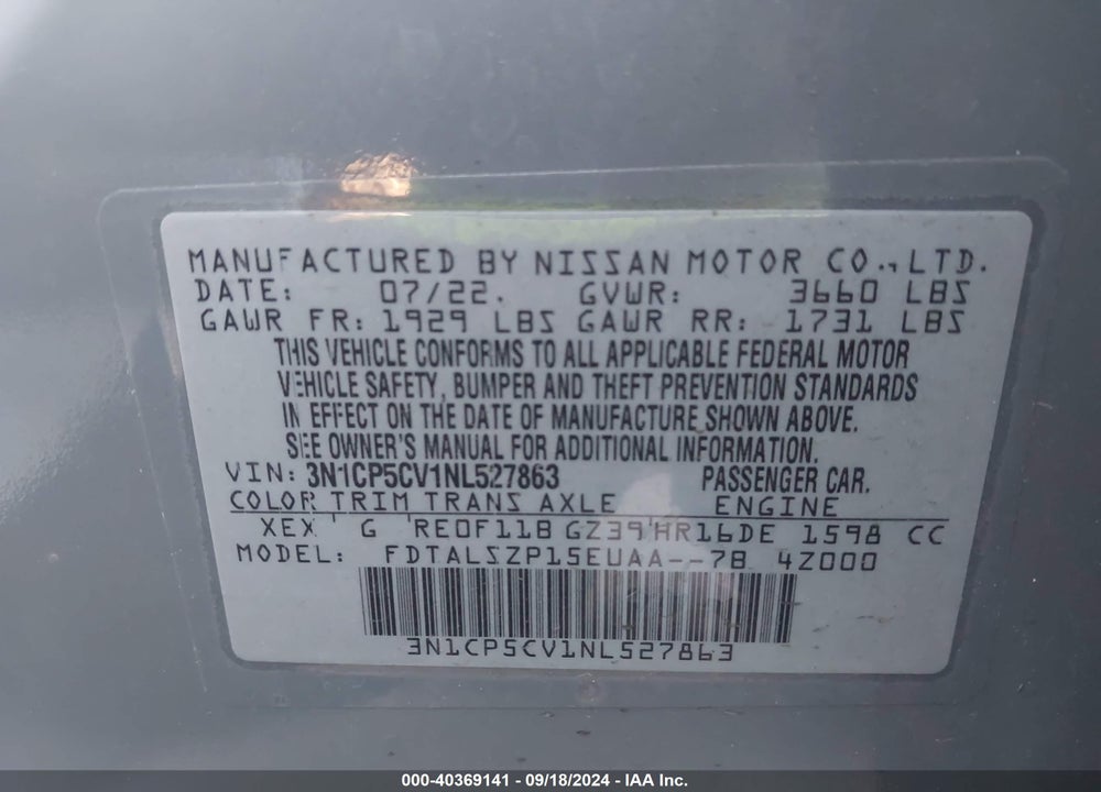 2022 NISSAN KICKS SV XTRONIC CVT VIN: 3N1CP5CV1NL527863