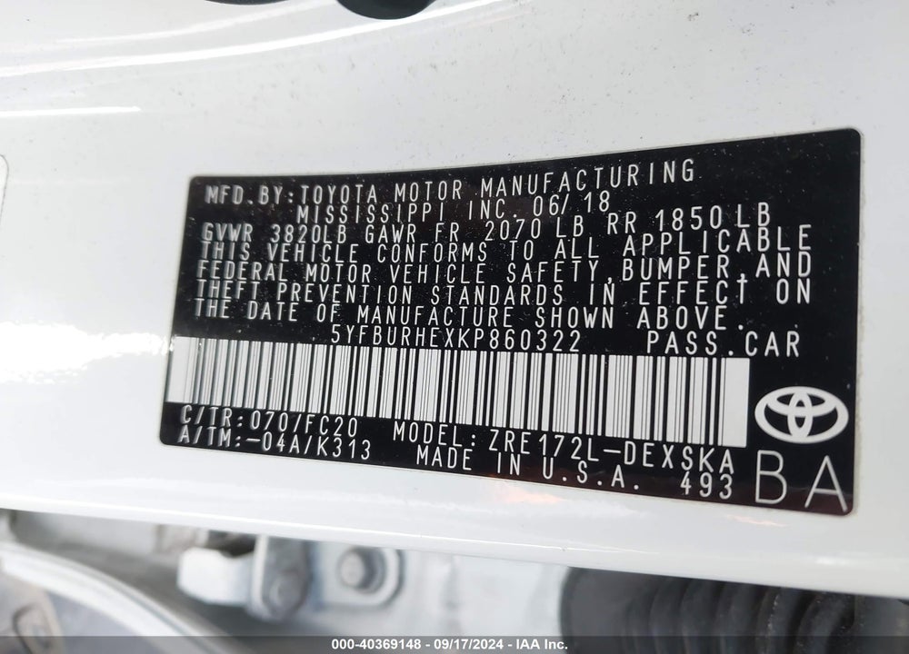 2019 TOYOTA COROLLA SE VIN: 5YFBURHEXKP860322