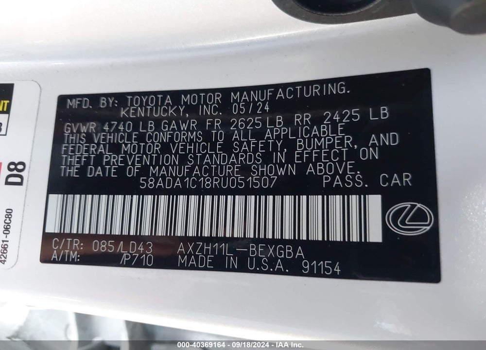 2024 LEXUS ES VIN: 58ADA1C18RU051507