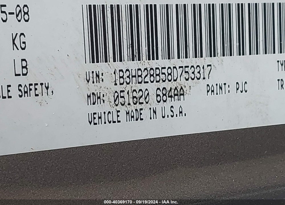 2008 DODGE CALIBER SE VIN: 1B3HB28B58D753317