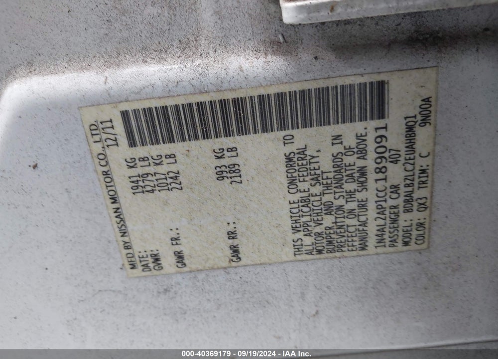 2012 NISSAN ALTIMA 2.5 S VIN: 1N4AL2AP1CC189091