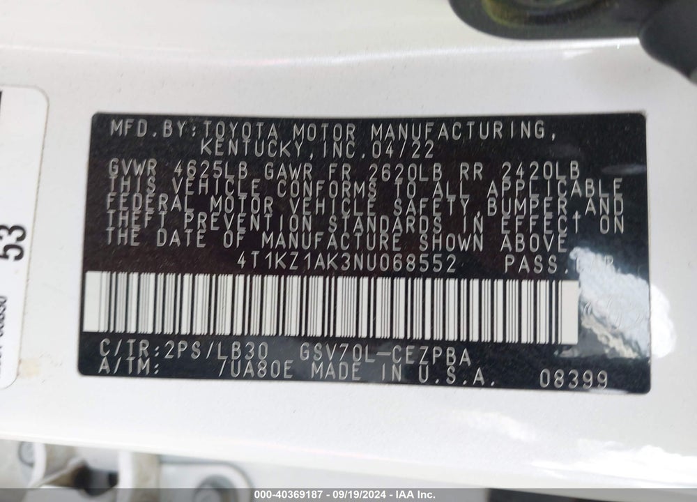 2022 TOYOTA CAMRY VIN: 4T1KZ1AK3NU068552