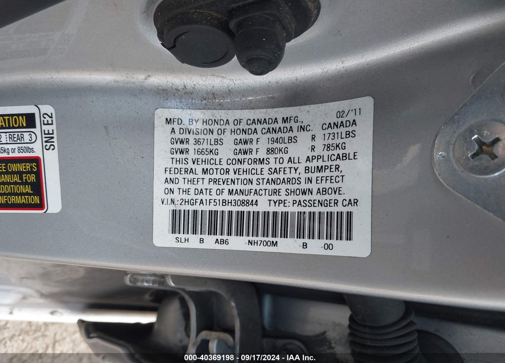 2011 HONDA CIVIC LX VIN: 2HGFA1F51BH308844