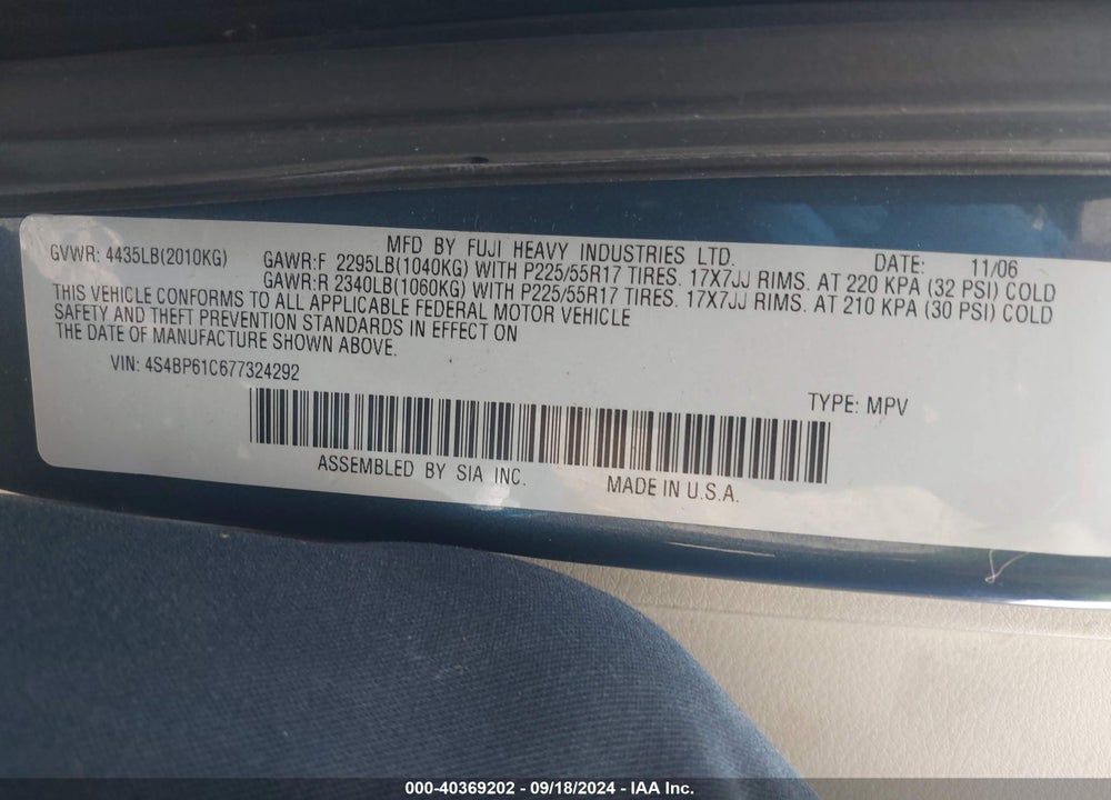 2007 SUBARU OUTBACK 2.5I VIN: 4S4BP61C677324292