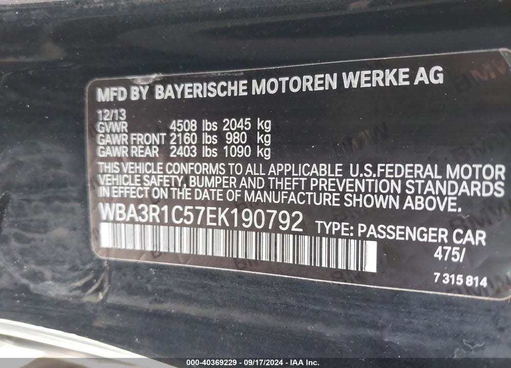 2014 BMW 435I VIN: WBA3R1C57EK190792