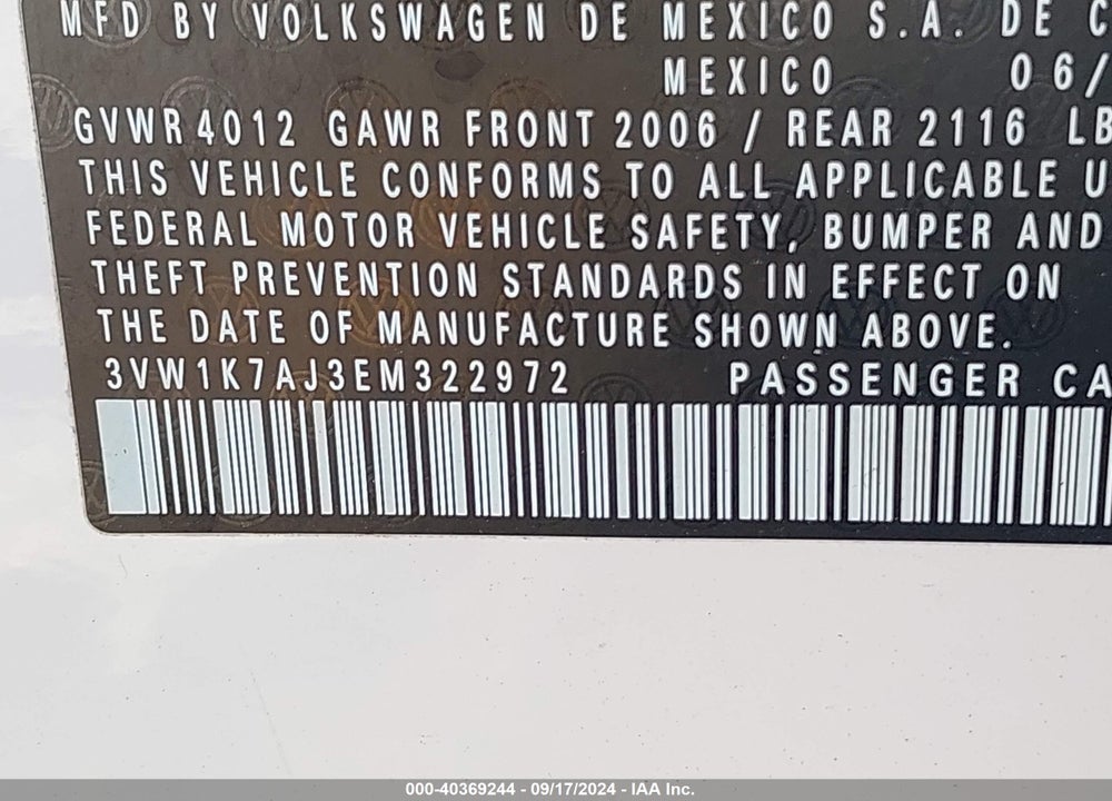 2014 VOLKSWAGEN JETTA 2.0L S VIN: 3VW1K7AJ3EM322972