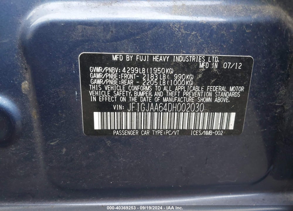 2013 SUBARU IMPREZA 2.0I VIN: JF1GJAA64DH002030