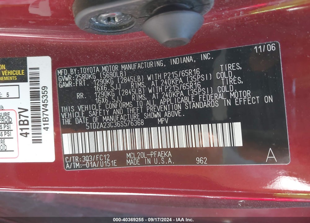 2006 TOYOTA SIENNA LE VIN: 5TDZA23C36S576368