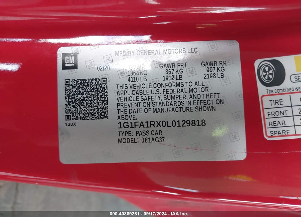 2020 CHEVROLET CAMARO RWD 1LT VIN: 1G1FA1RX0L0129818
