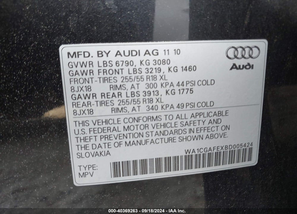 2011 AUDI Q7 3.0T PREMIUM VIN: WA1CGAFEXBD005424