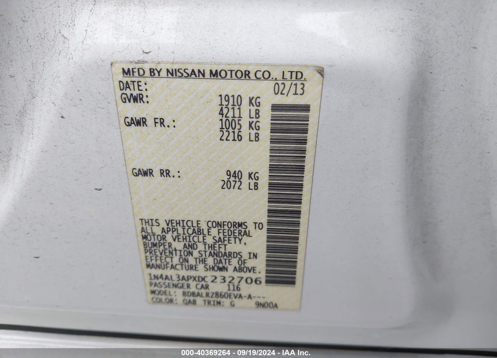 2013 NISSAN ALTIMA 2.5 S VIN: 1N4AL3APXDC232706