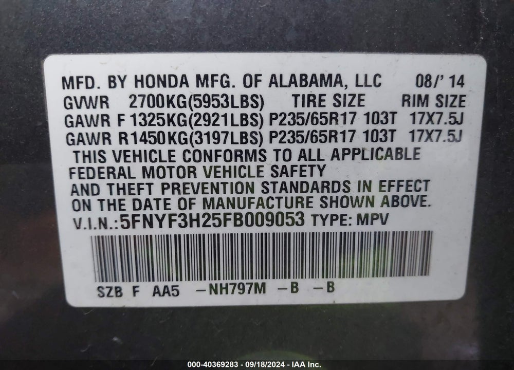 2015 HONDA PILOT LX VIN: 5FNYF3H25FB009053