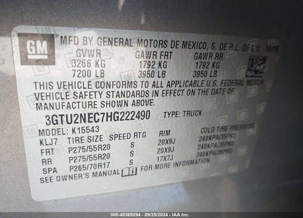 2017 GMC SIERRA 1500 SLT VIN: 3GTU2NEC7HG222490