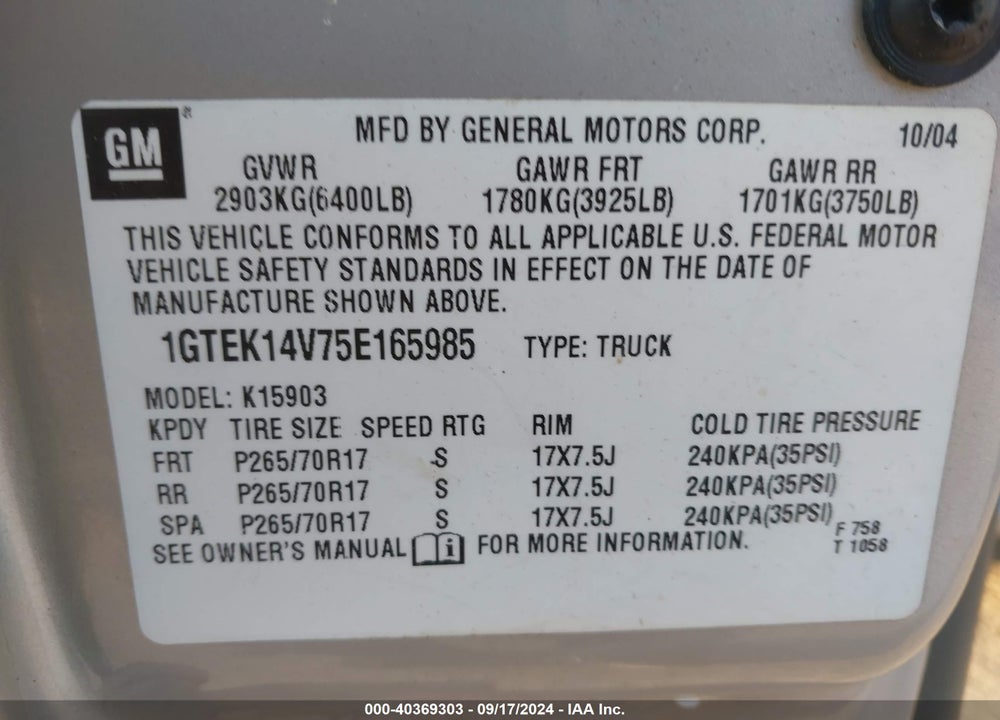 2005 GMC SIERRA 1500 WORK TRUCK VIN: 1GTEK14V75E165985