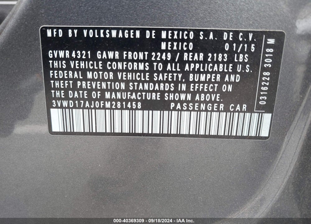 2015 VOLKSWAGEN JETTA 1.8T SE VIN: 3VWD17AJ0FM281458