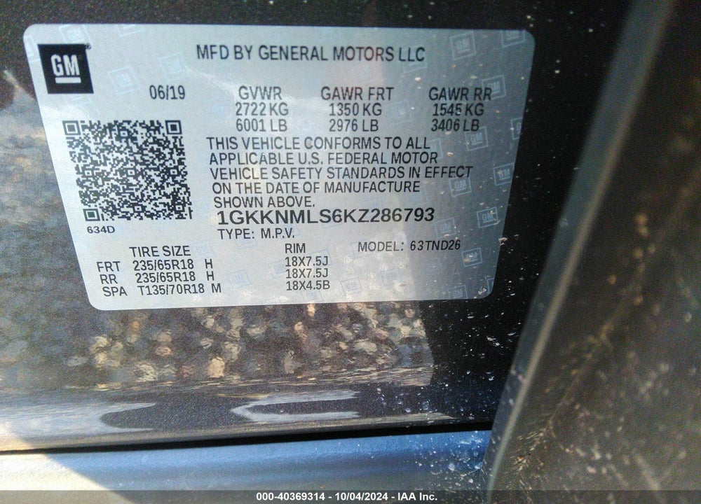 2019 GMC ACADIA SLT-1 VIN: 1GKKNMLS6KZ286793