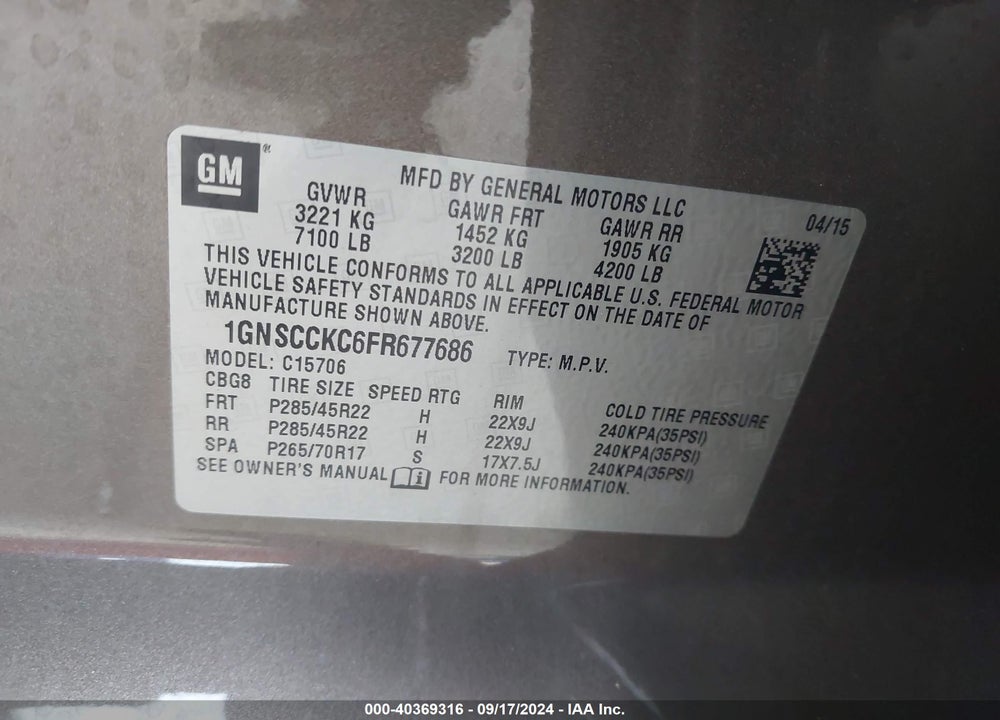2015 CHEVROLET TAHOE LTZ VIN: 1GNSCCKC6FR677686