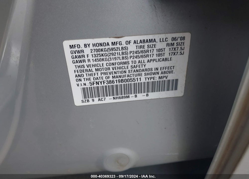 2009 HONDA PILOT EX-L VIN: 5FNYF38619B005511
