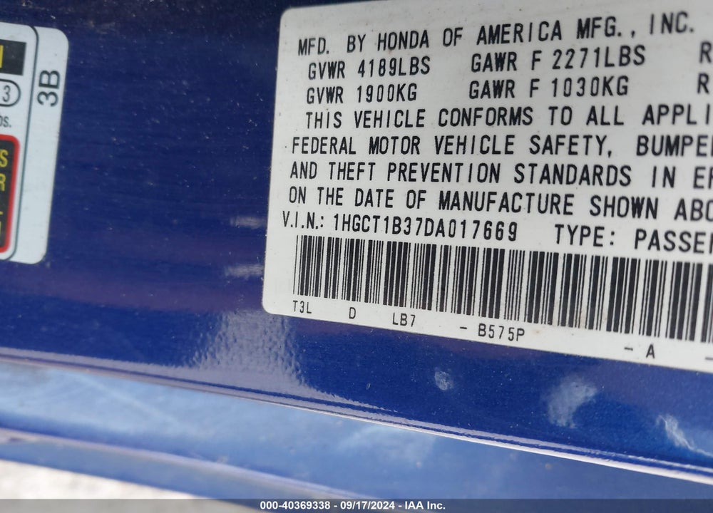 2013 HONDA ACCORD LX-S VIN: 1HGCT1B37DA017669