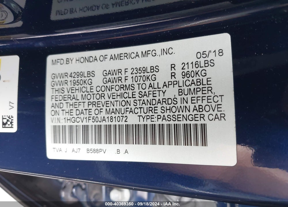 2018 HONDA ACCORD EX-L VIN: 1HGCV1F50JA181072