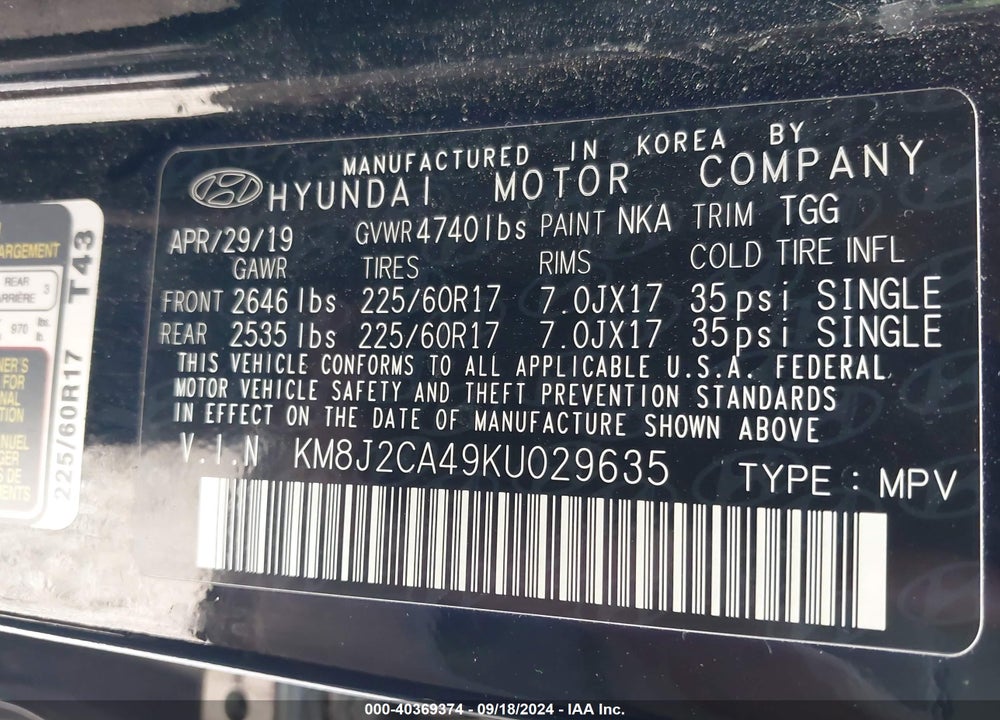 2019 HYUNDAI TUCSON SE VIN: KM8J2CA49KU029635