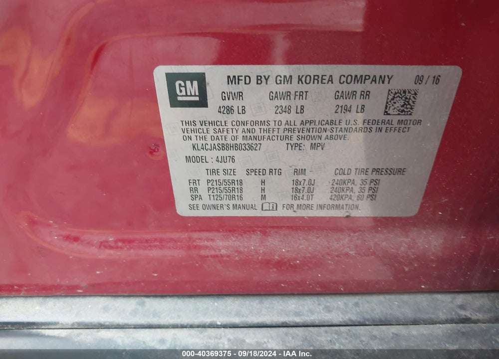 2017 BUICK ENCORE PREFERRED VIN: KL4CJASB8HB033627