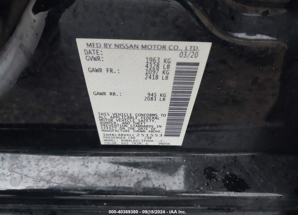 2020 NISSAN ALTIMA S FWD VIN: 1N4BL4BVXLC251553