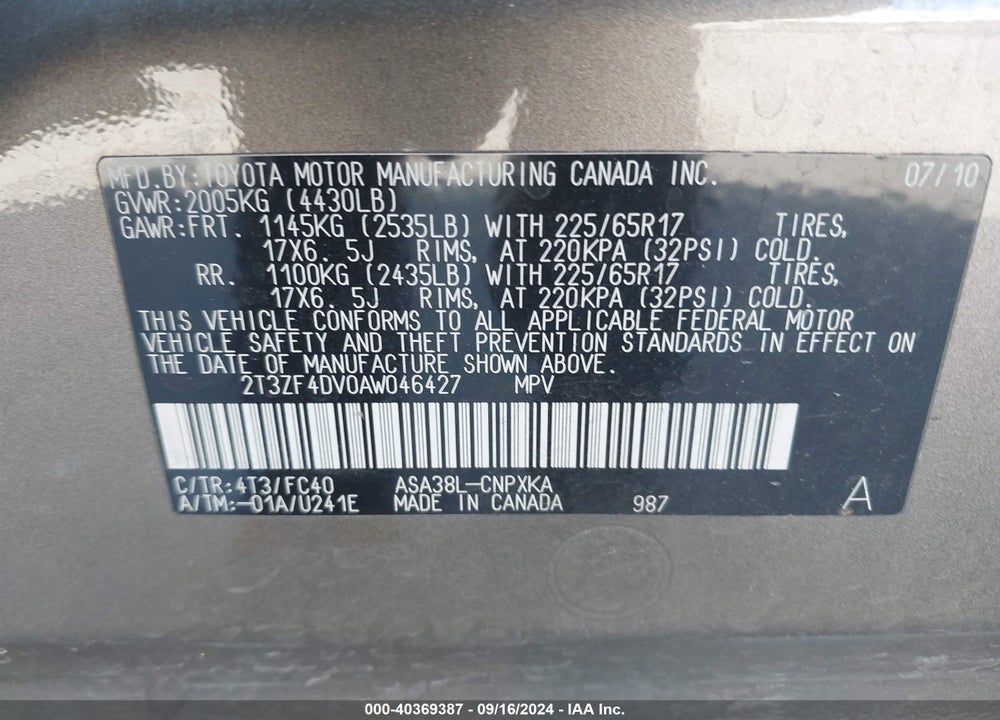 2010 TOYOTA RAV4 VIN: 2T3ZF4DV0AW046427