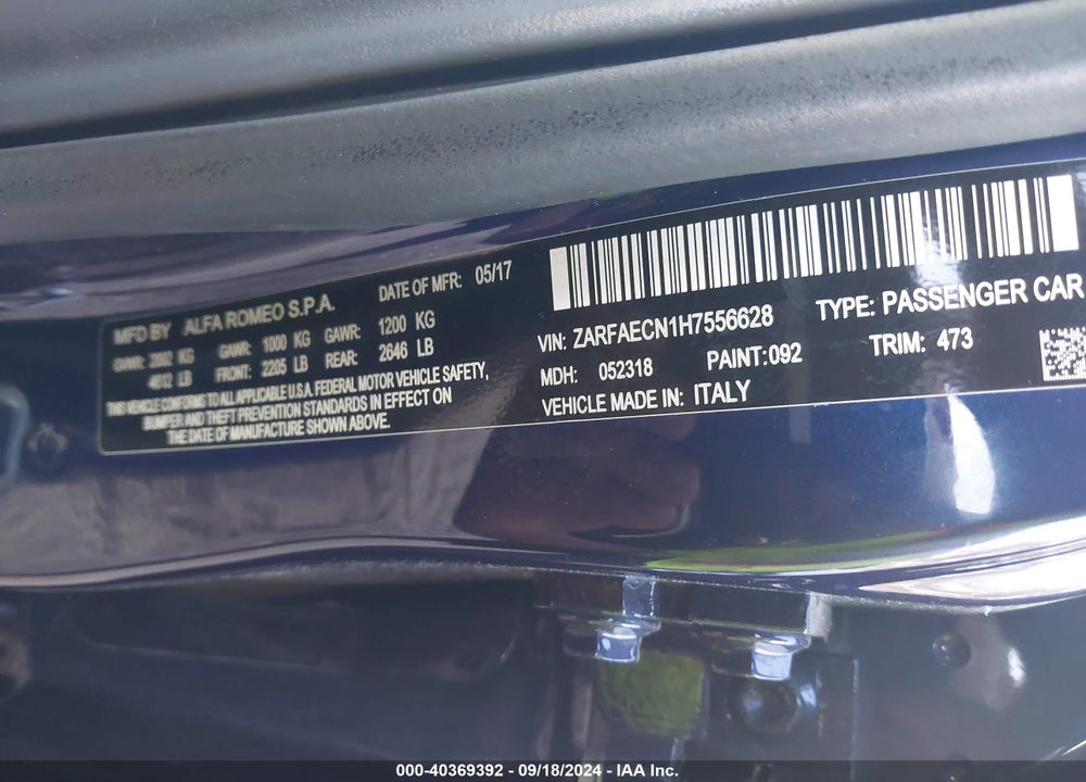 2017 ALFA ROMEO GIULIA VIN: ZARFAECN1H7556628