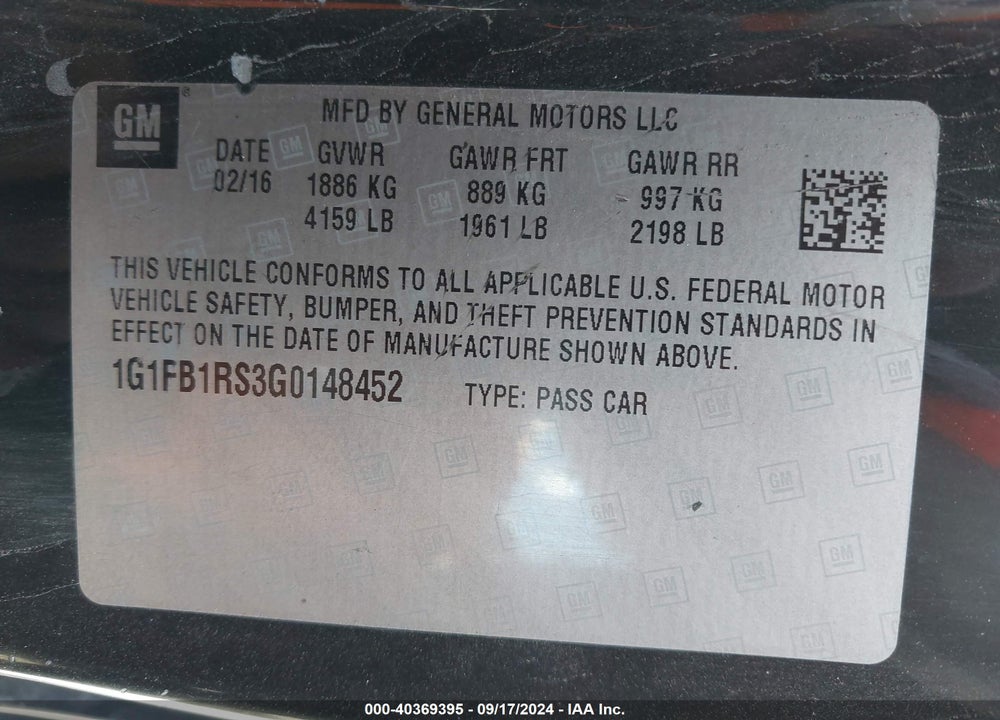 2016 CHEVROLET CAMARO 1LT VIN: 1G1FB1RS3G0148452