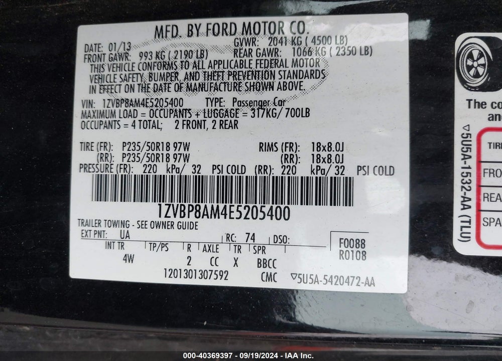 2014 FORD MUSTANG V6 PREMIUM VIN: 1ZVBP8AM4E5205400