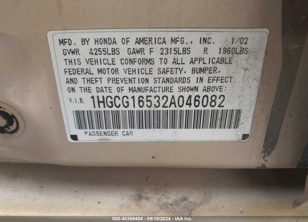 2002 HONDA ACCORD 3.0 EX VIN: 1HGCG16532A046082