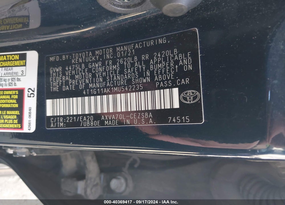 2021 TOYOTA CAMRY SE VIN: 4T1G11AK1MU542235