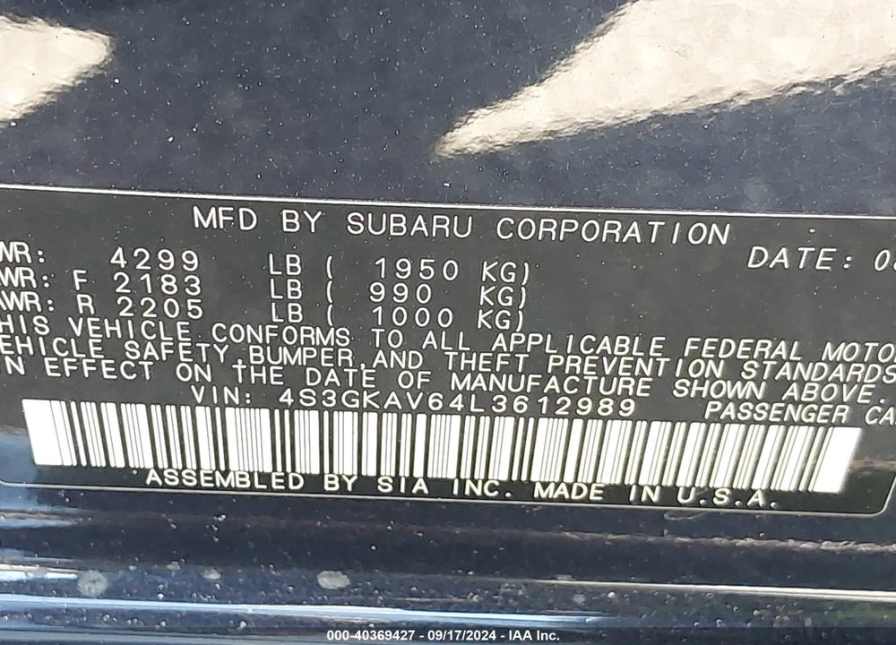 2020 SUBARU IMPREZA PREMIUM VIN: 4S3GKAV64L3612989