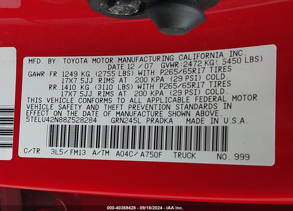 2008 TOYOTA TACOMA BASE V6 VIN: 5TELU42N88Z528284