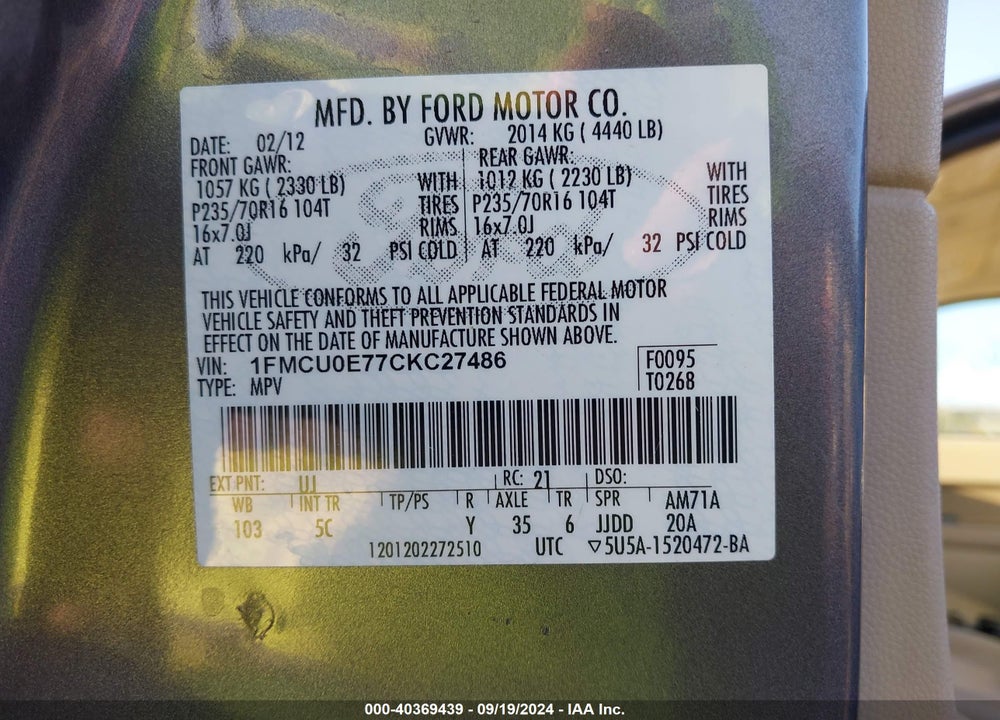 2012 FORD ESCAPE LIMITED VIN: 1FMCU0E77CKC27486