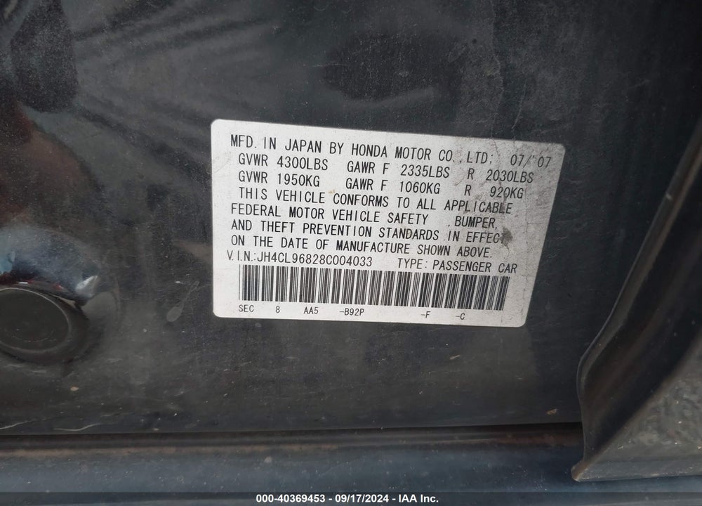 2008 ACURA TSX VIN: JH4CL96828C004033