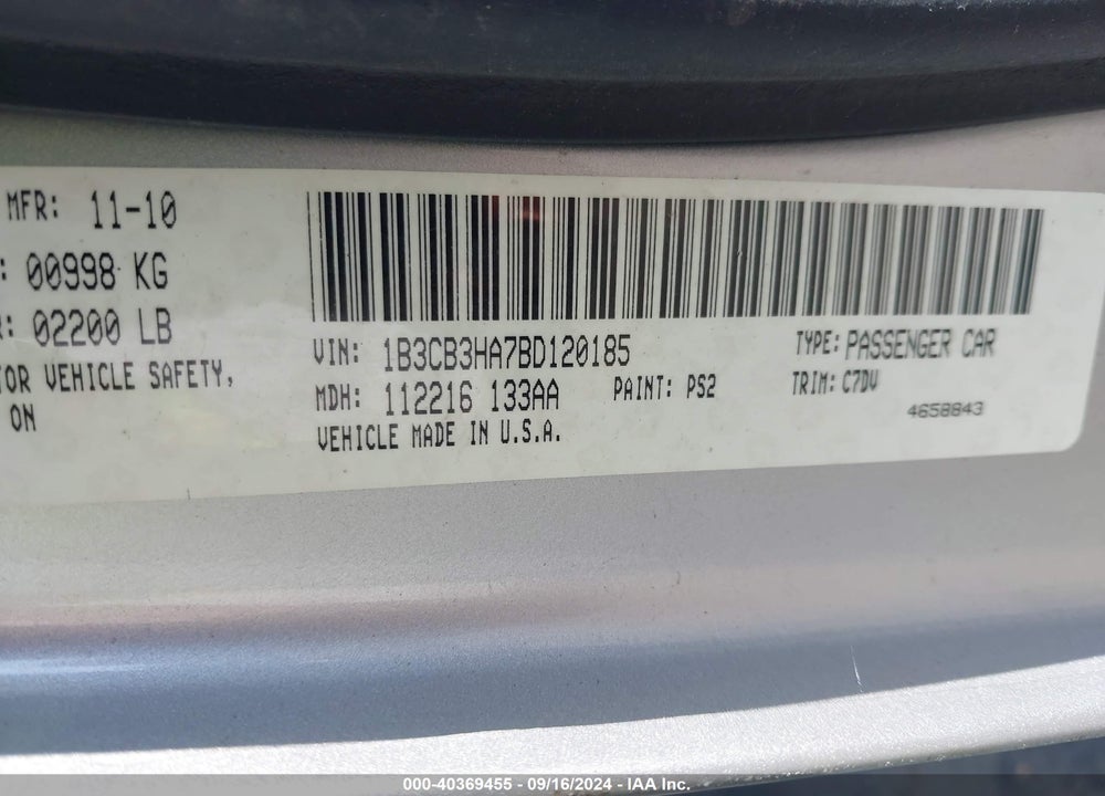 2011 DODGE CALIBER VIN: 1B3CB3HA7BD120185