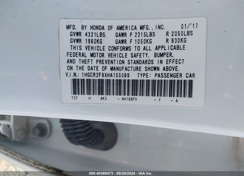2017 HONDA ACCORD EX-L VIN: 1HGCR2F8XHA155089
