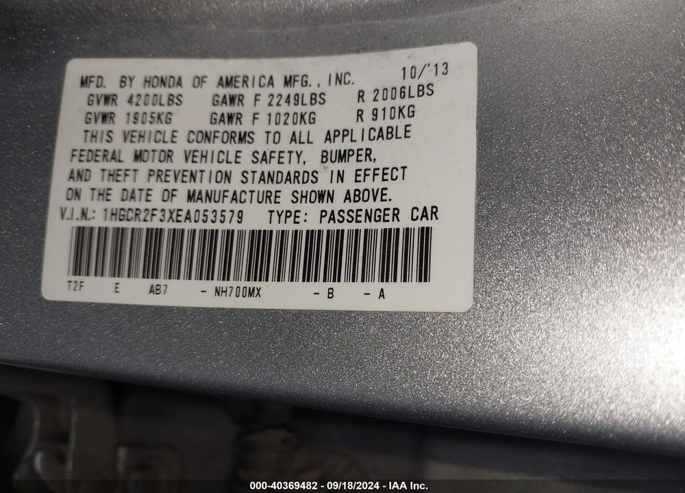 2014 HONDA ACCORD LX VIN: 1HGCR2F3XEA053579