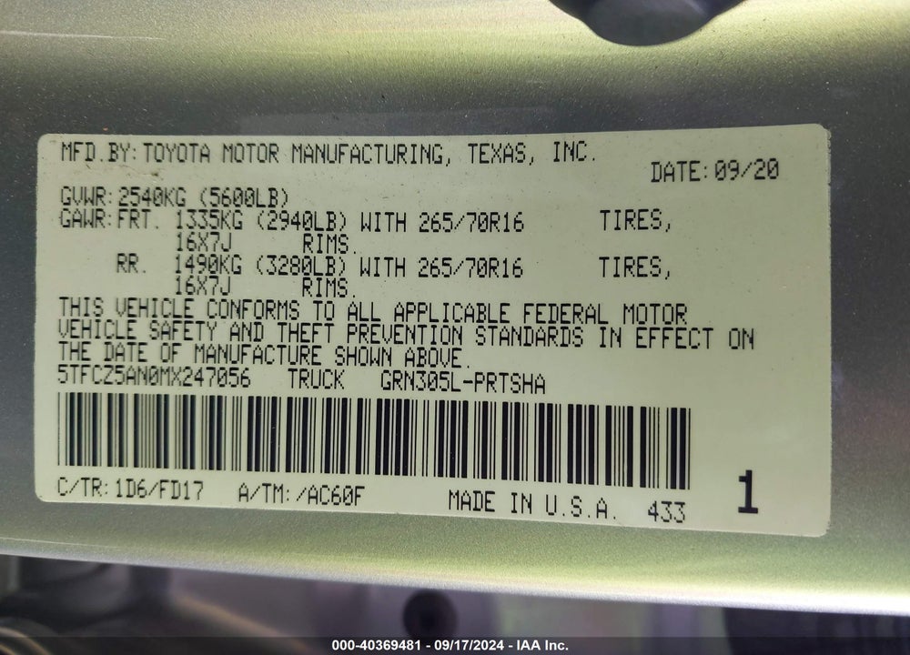 2021 TOYOTA TACOMA TRD OFF ROAD VIN: 5TFCZ5AN0MX247056