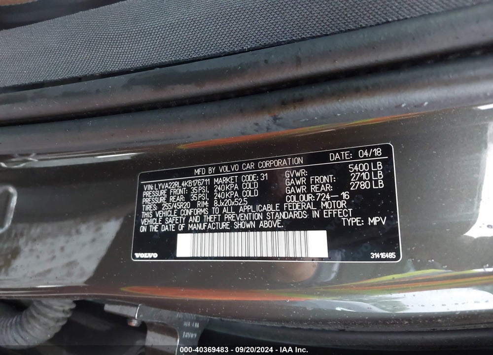 2019 VOLVO XC60 T6 INSCRIPTION VIN: LYVA22RL4KB176711
