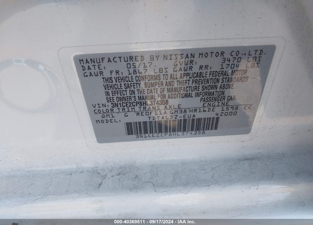 2017 NISSAN VERSA NOTE SV VIN: 3N1CE2CP8HL374358