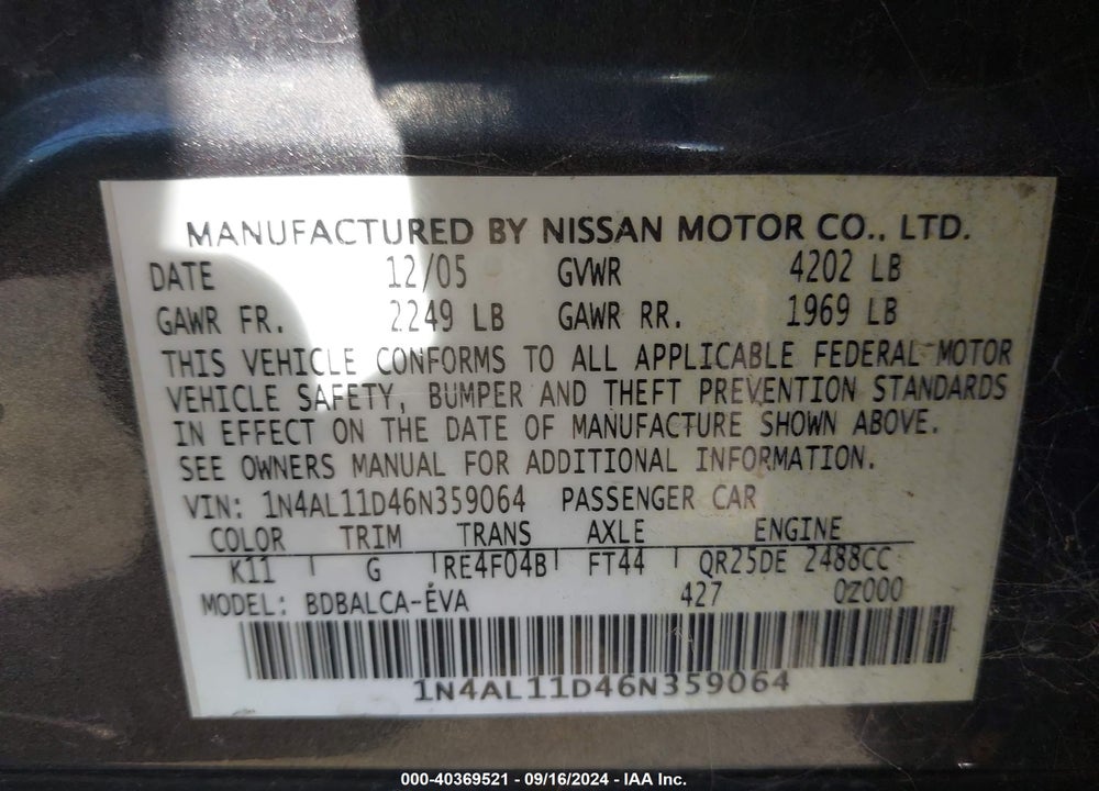 2006 NISSAN ALTIMA 2.5 S VIN: 1N4AL11D46N359064